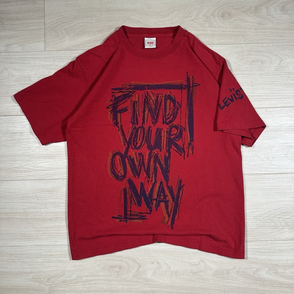 Rare Vintage Levi's Find your own way Spell Out T Shirt 90s Jeans Red Size Large